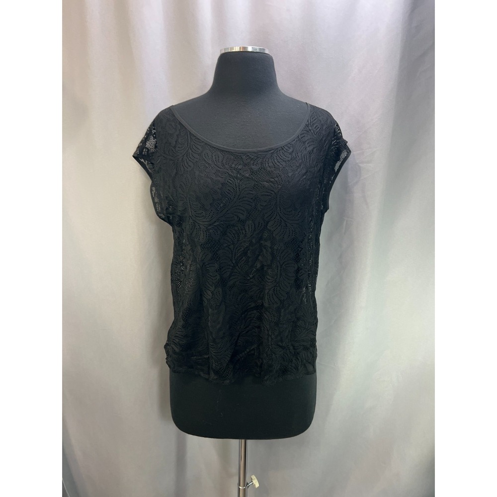 Express Blouse Top Womens XS Black Floral Lace Sheer Keyhole Back Cap Sleeve